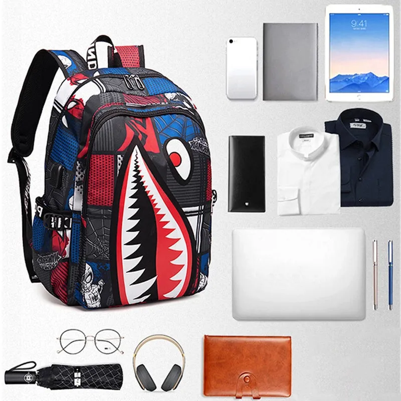 Kids USB Unique Shark Teeth School Backpacks - Black Blue Red Book Bags For Boys For Primary/Middle School