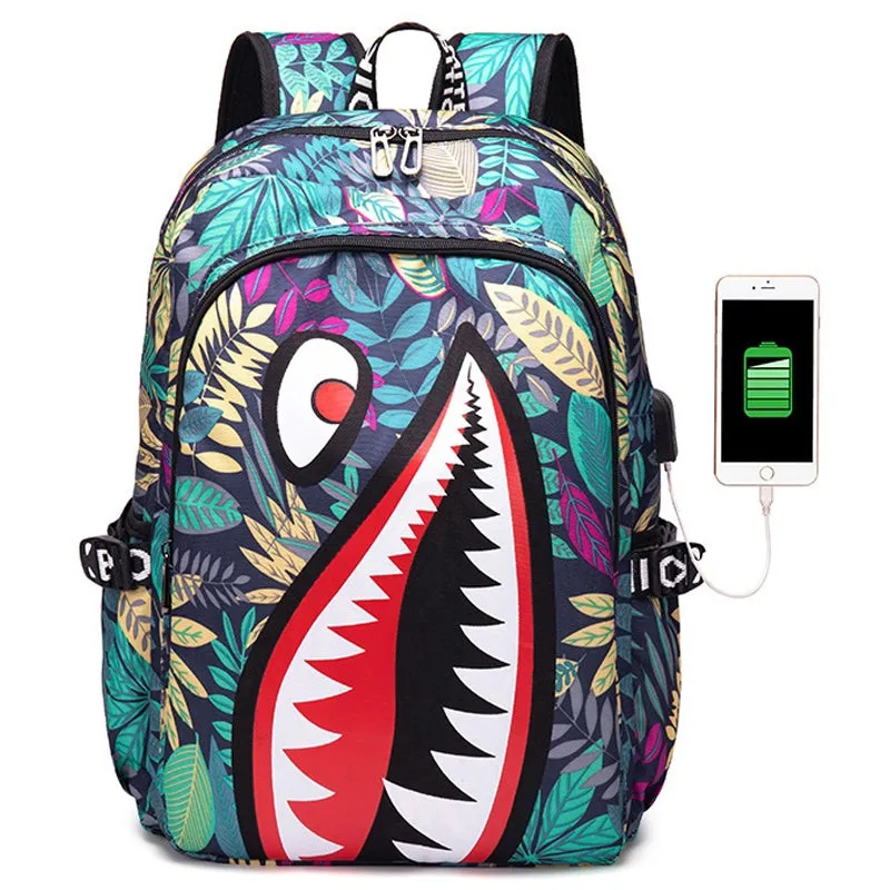 Kids USB Unique Shark Teeth School Backpacks - Black Blue Red Book Bags For Boys For Primary/Middle School