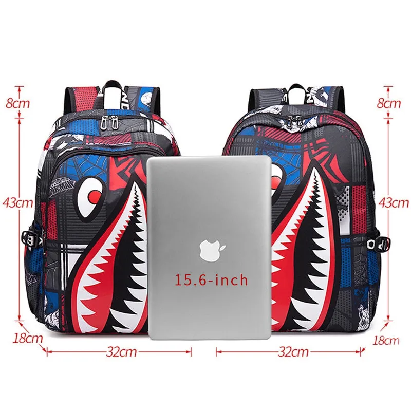 Kids USB Unique Shark Teeth School Backpacks - Black Blue Red Book Bags For Boys For Primary/Middle School