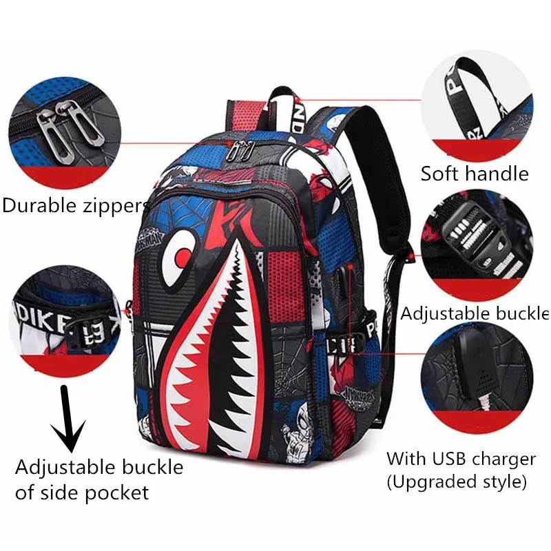 Kids USB Unique Shark Teeth School Backpacks - Black Blue Red Book Bags For Boys For Primary/Middle School