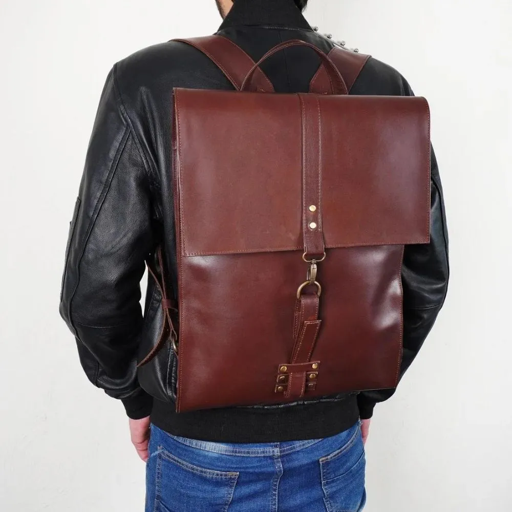 Lambskin Fold-Over Brown Mens Leather Backpack