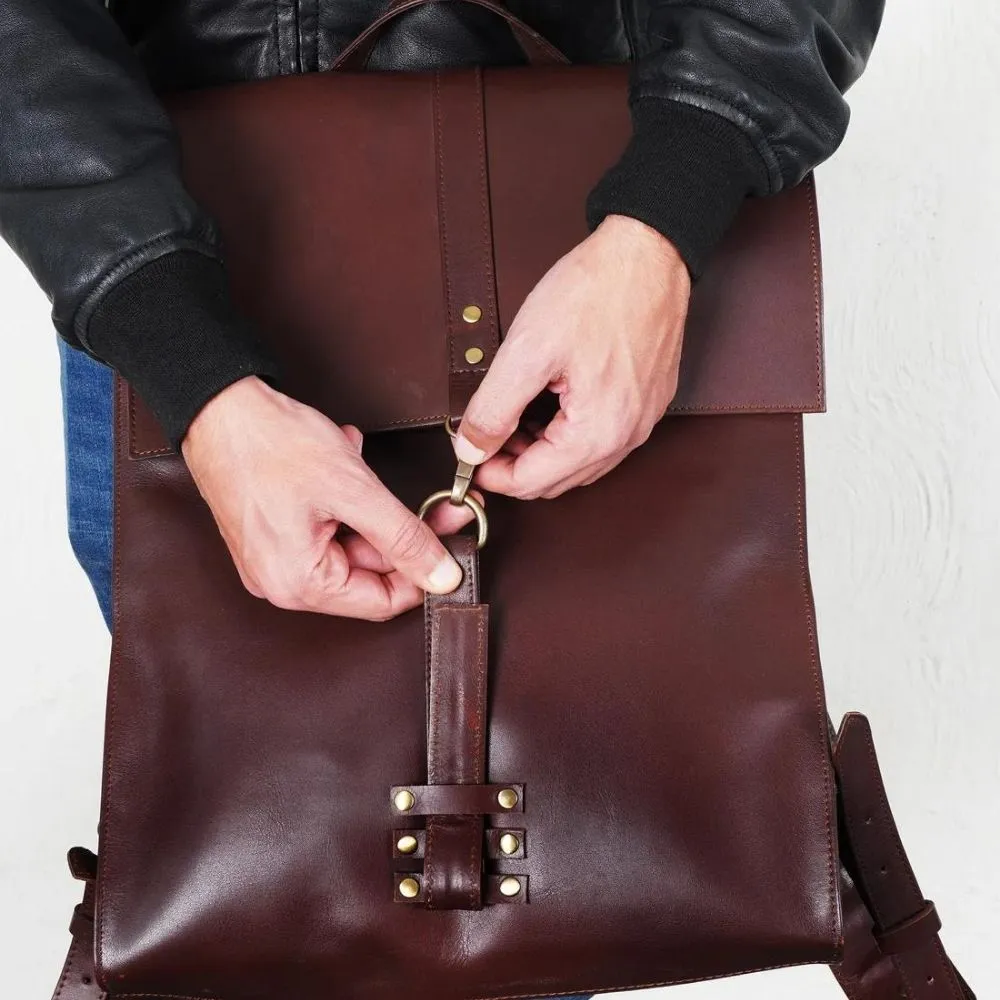 Lambskin Fold-Over Brown Mens Leather Backpack