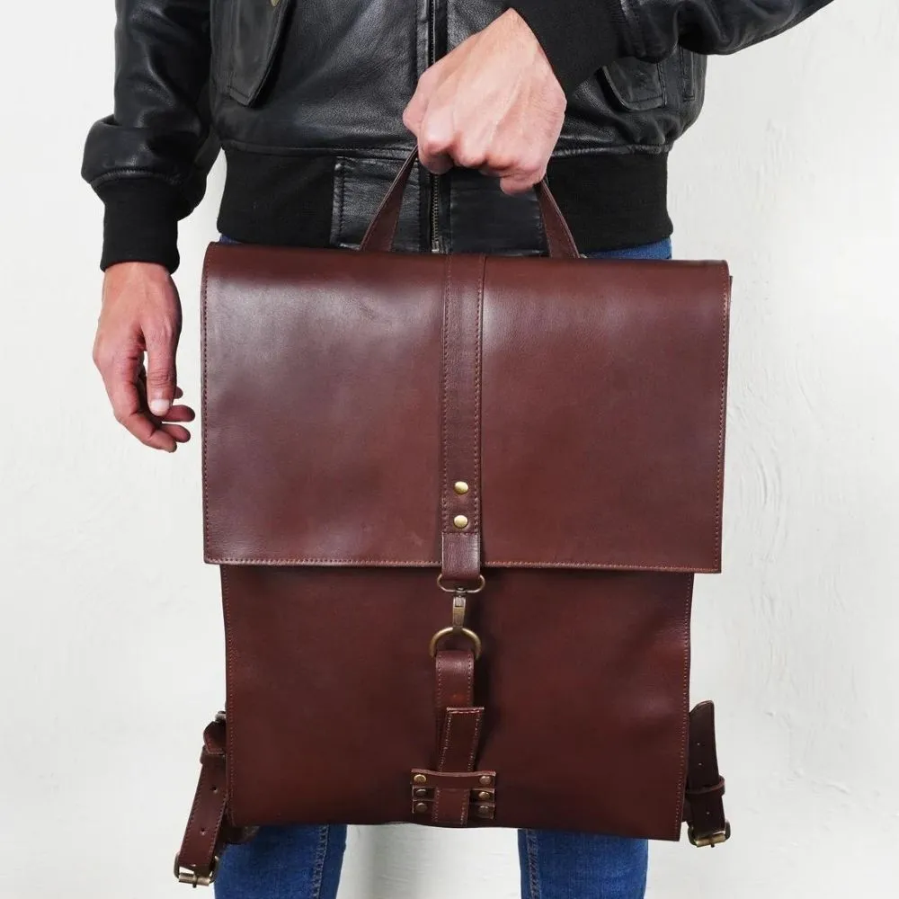 Lambskin Fold-Over Brown Mens Leather Backpack