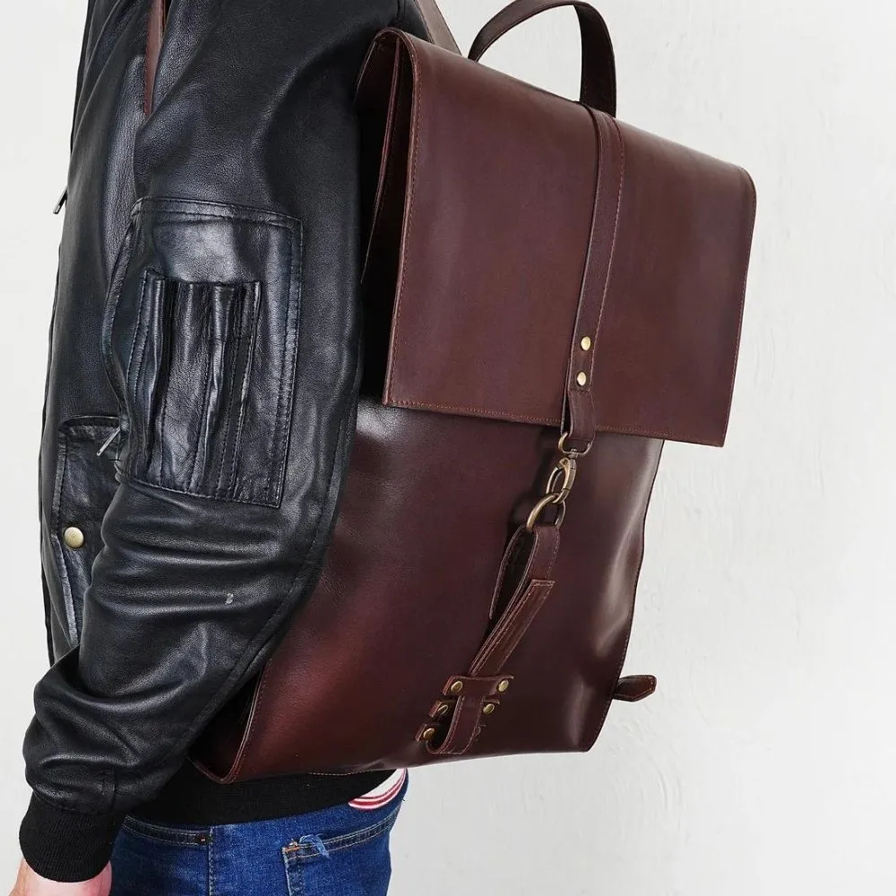 Lambskin Fold-Over Brown Mens Leather Backpack