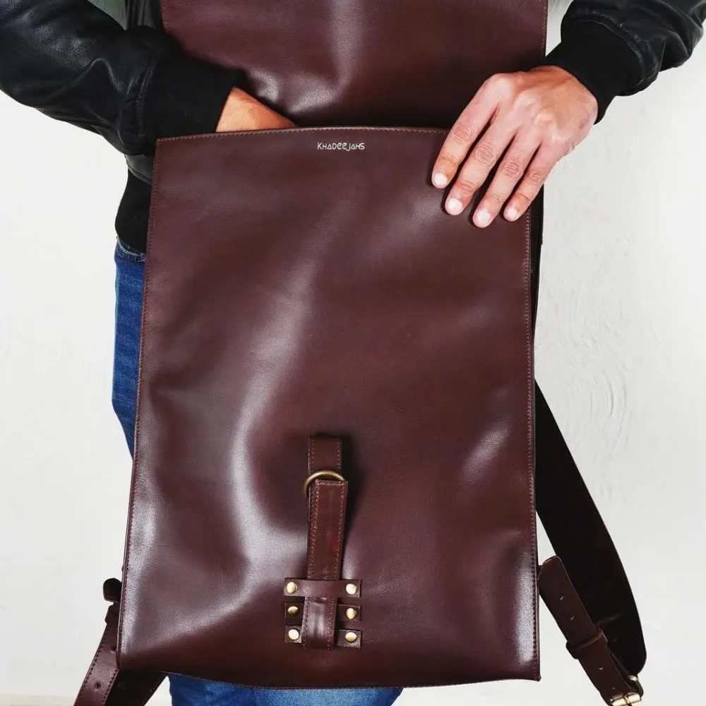 Lambskin Fold-Over Brown Mens Leather Backpack