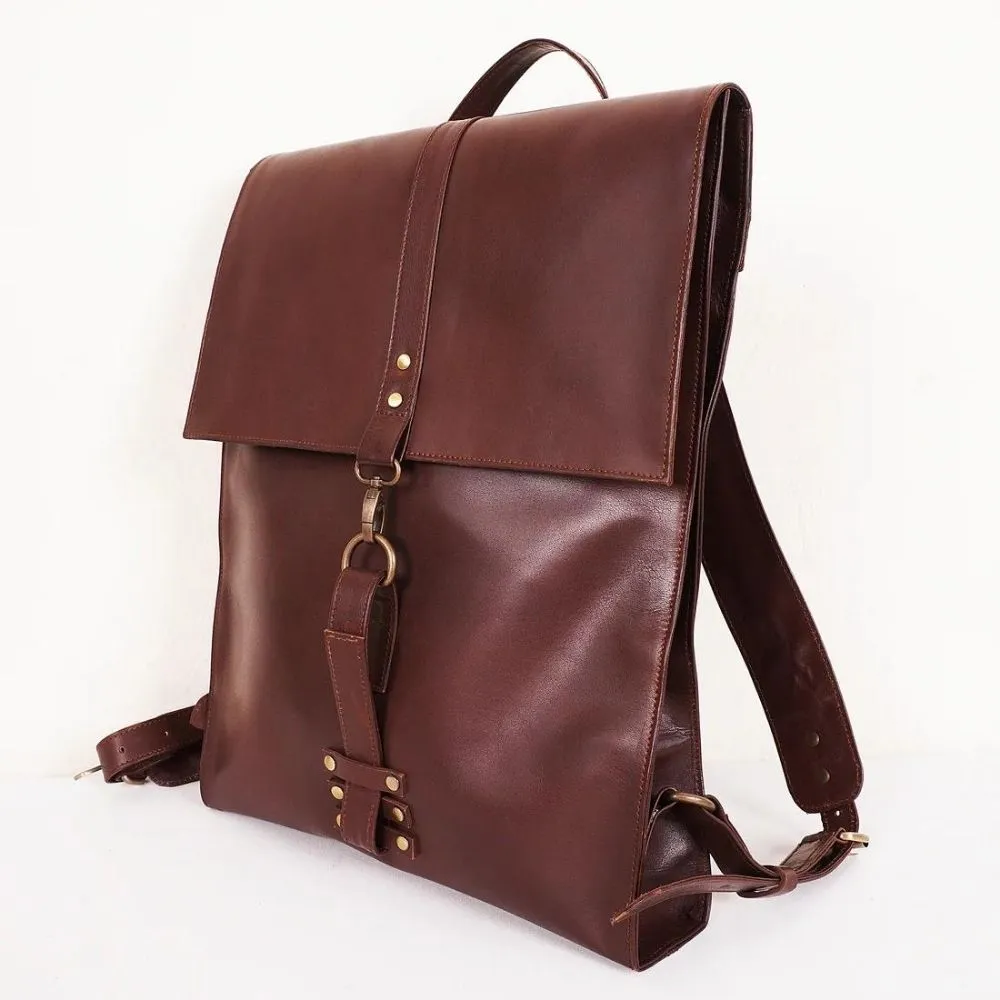 Lambskin Fold-Over Brown Mens Leather Backpack