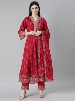 Neeru's Red Regular Straight Floral Kurta And Trousers With Dupatta