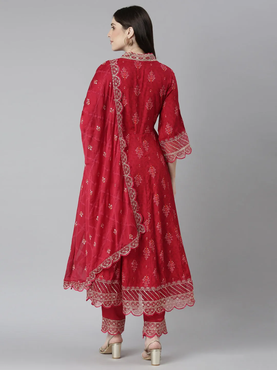 Neeru's Red Regular Straight Floral Kurta And Trousers With Dupatta