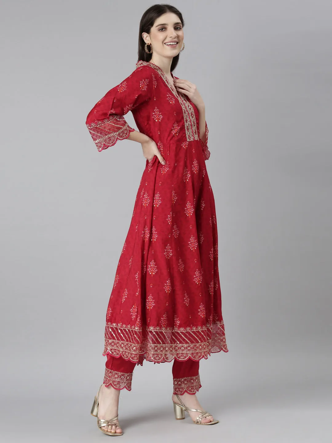 Neeru's Red Regular Straight Floral Kurta And Trousers With Dupatta