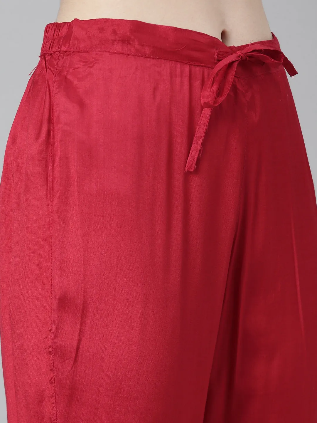 Neeru's Red Regular Straight Floral Kurta And Trousers With Dupatta