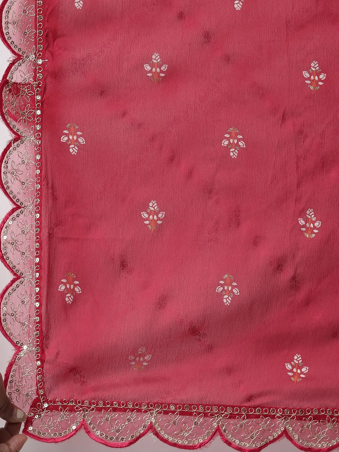 Neeru's Red Regular Straight Floral Kurta And Trousers With Dupatta