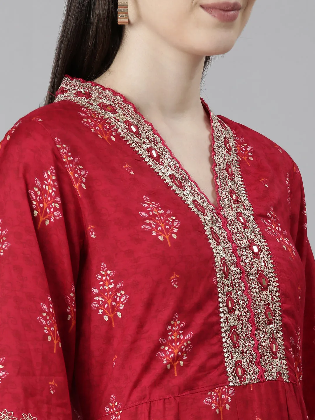 Neeru's Red Regular Straight Floral Kurta And Trousers With Dupatta