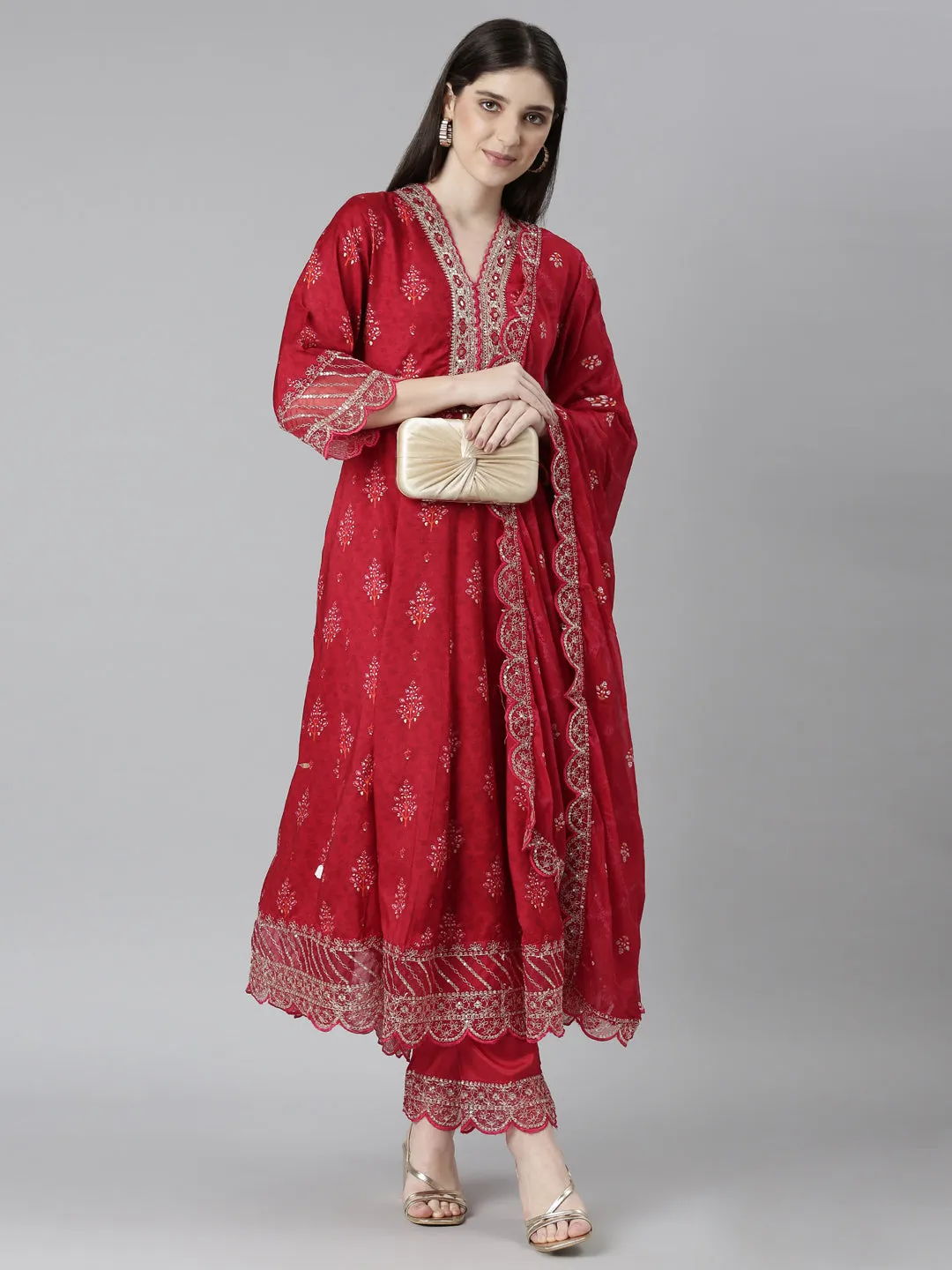 Neeru's Red Regular Straight Floral Kurta And Trousers With Dupatta