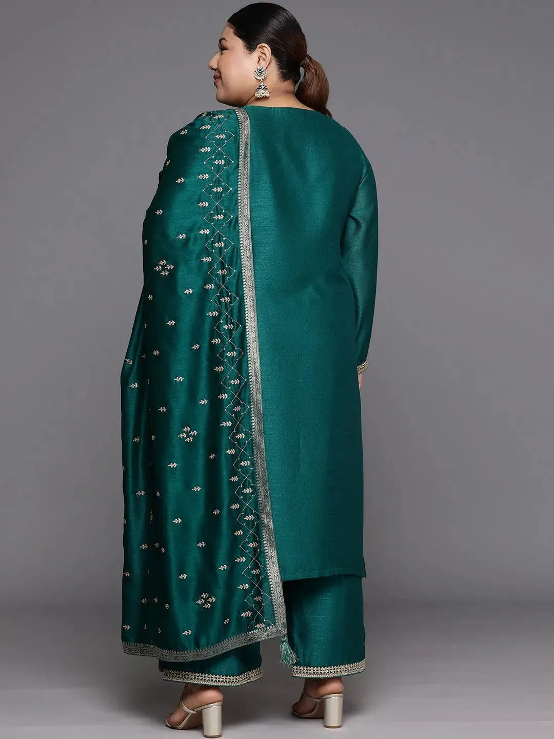 Plus Size Teal Embroidered Silk Blend Straight Kurta With Trousers & Dupatta