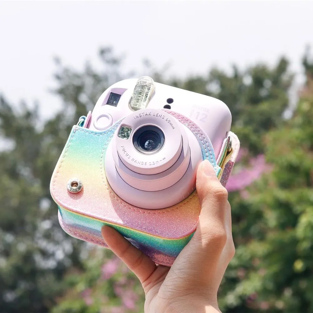 Protective Camera Case for Fujifilm Instax Mini 12 Instant Camera PU Leather Glitter Gradient Style Camera Bag with Shoulder Strap- Rainbow