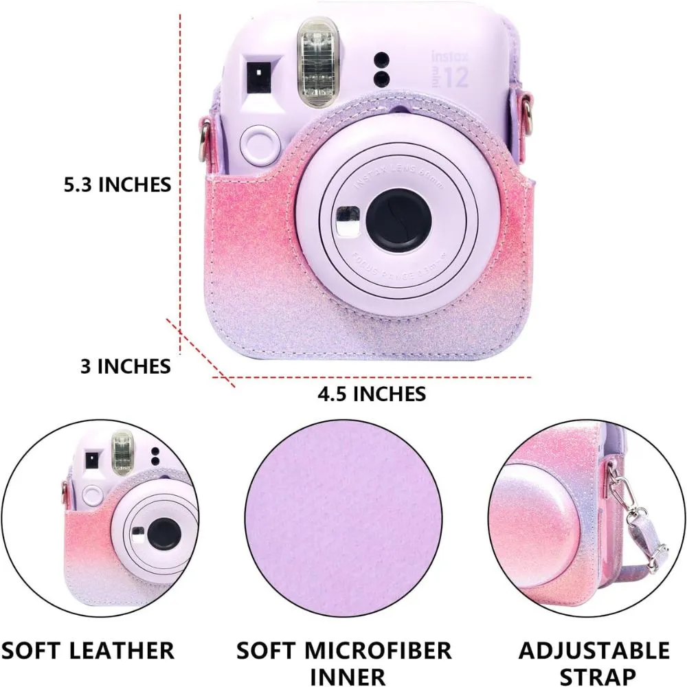 Protective Camera Case for Fujifilm Instax Mini 12 Instant Camera PU Leather Glitter Gradient Style Camera Bag with Shoulder Strap- Rainbow