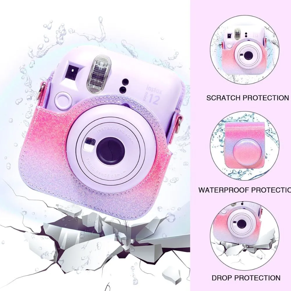 Protective Camera Case for Fujifilm Instax Mini 12 Instant Camera PU Leather Glitter Gradient Style Camera Bag with Shoulder Strap- Rainbow