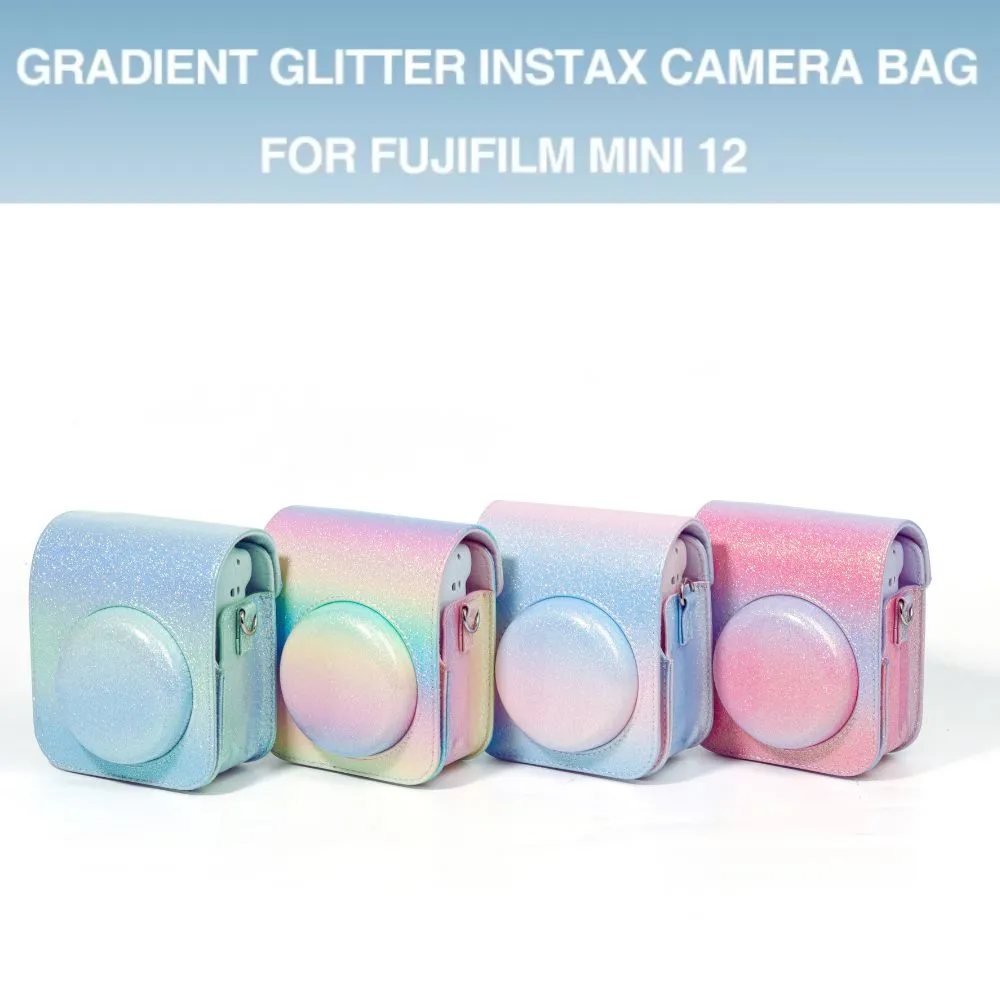 Protective Camera Case for Fujifilm Instax Mini 12 Instant Camera PU Leather Glitter Gradient Style Camera Bag with Shoulder Strap- Rainbow
