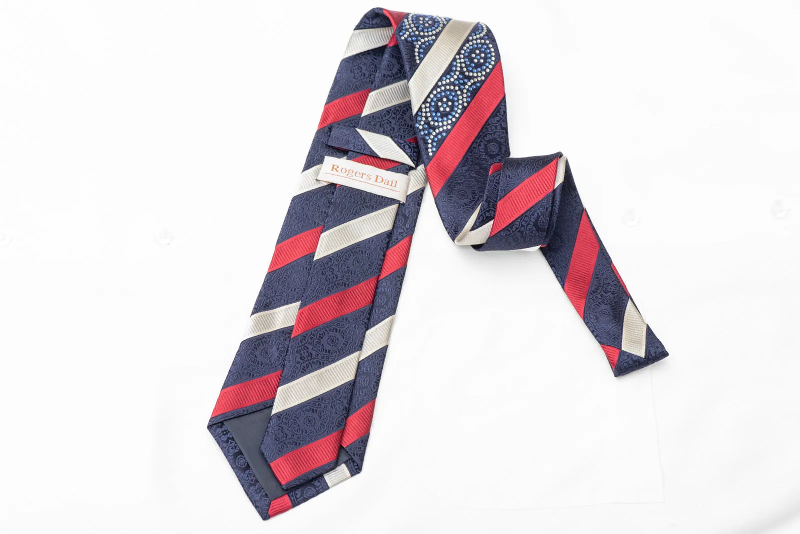 Red Silver Striped On Blue Rhinestone Silk Necktie