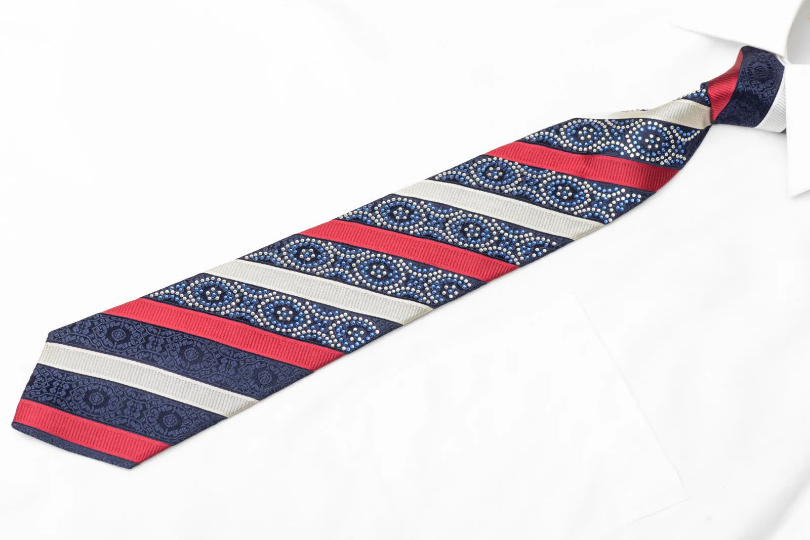 Red Silver Striped On Blue Rhinestone Silk Necktie