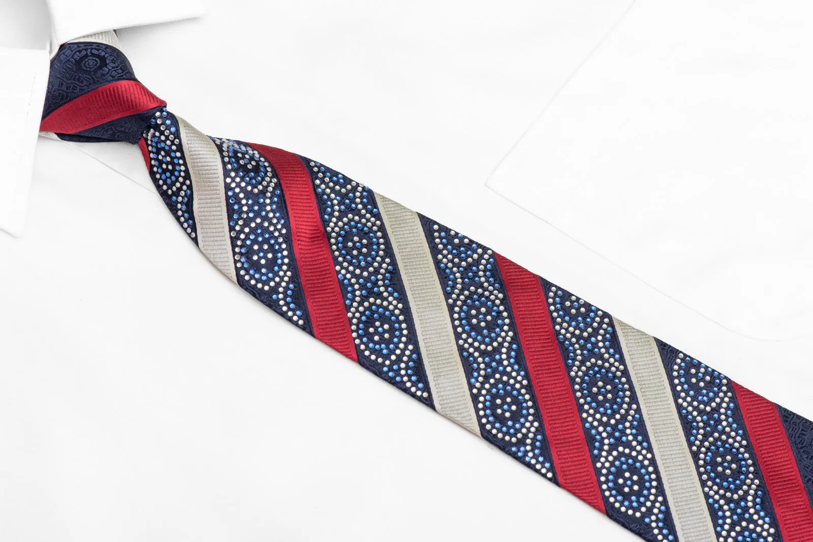Red Silver Striped On Blue Rhinestone Silk Necktie