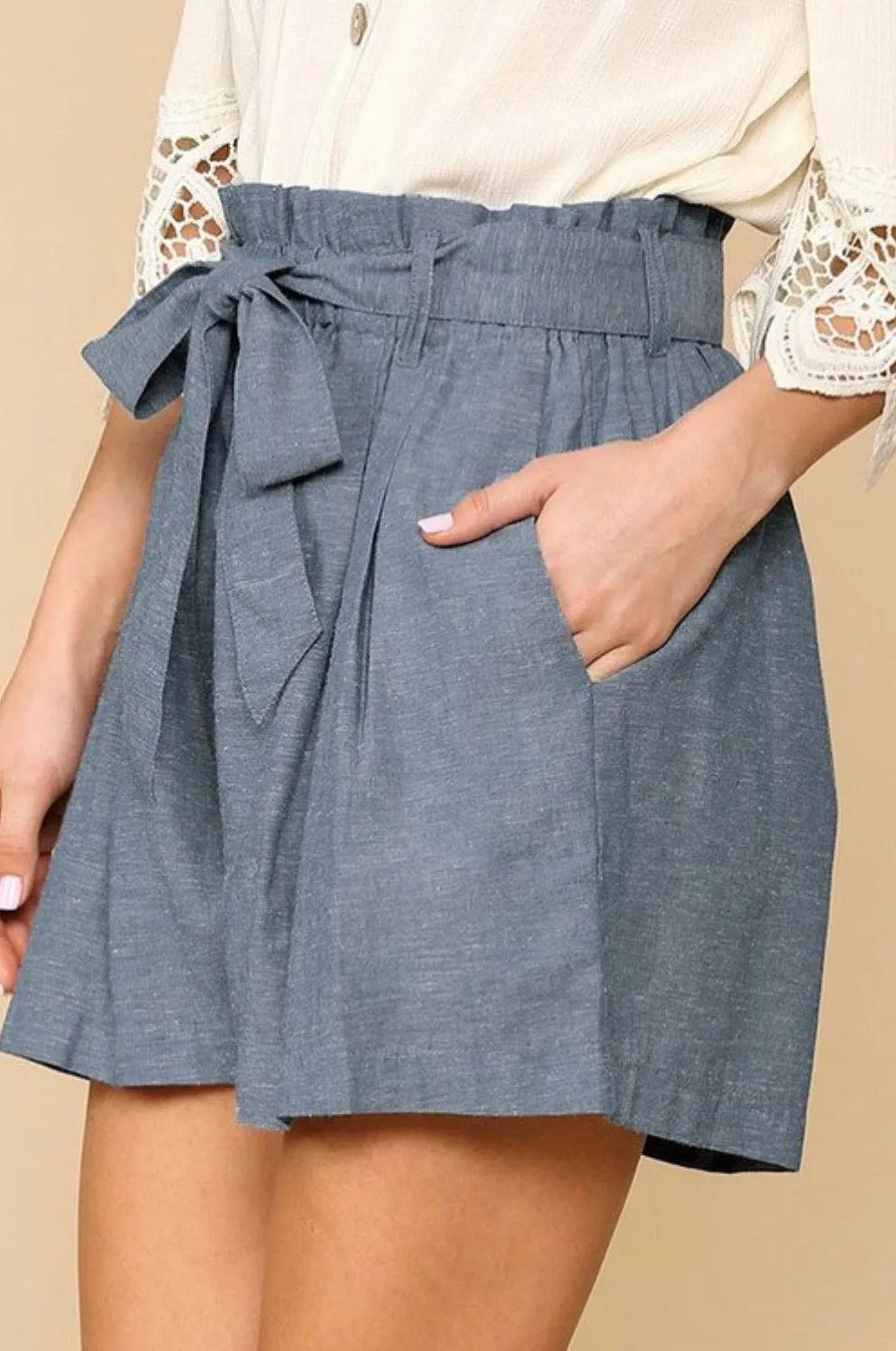 Shelley Denim Blue Paper Bag Shorts