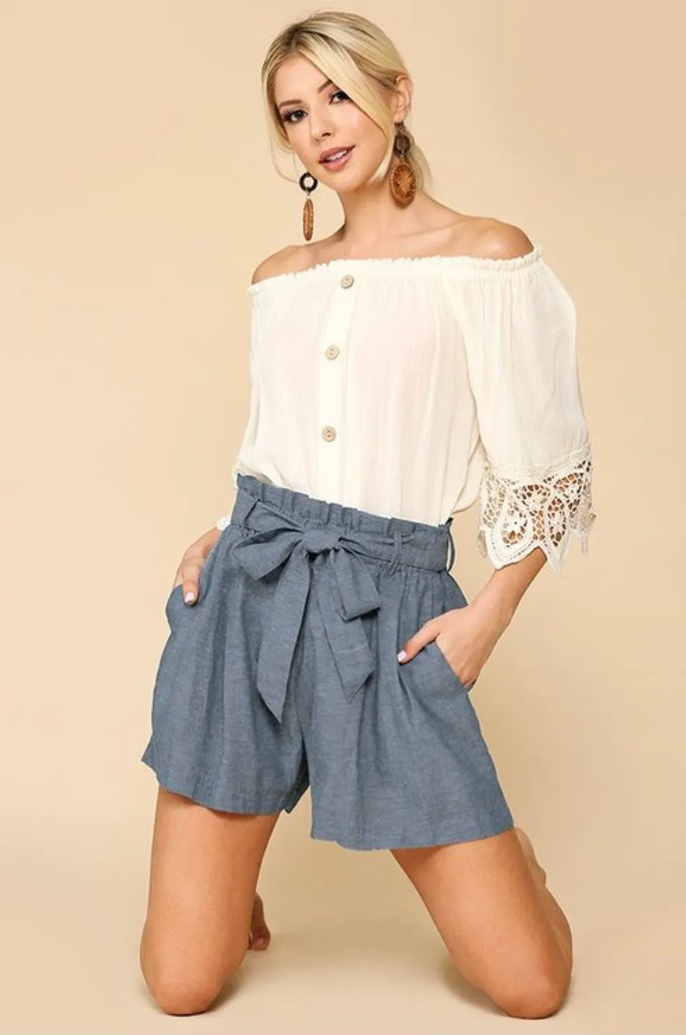 Shelley Denim Blue Paper Bag Shorts