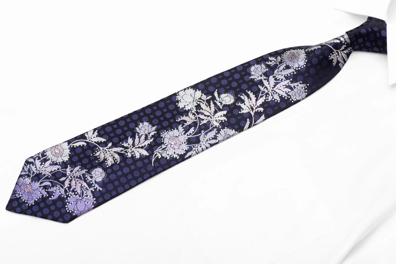 Silver Floral On Navy Blue Rhinestone Tie With Purple Sparkles