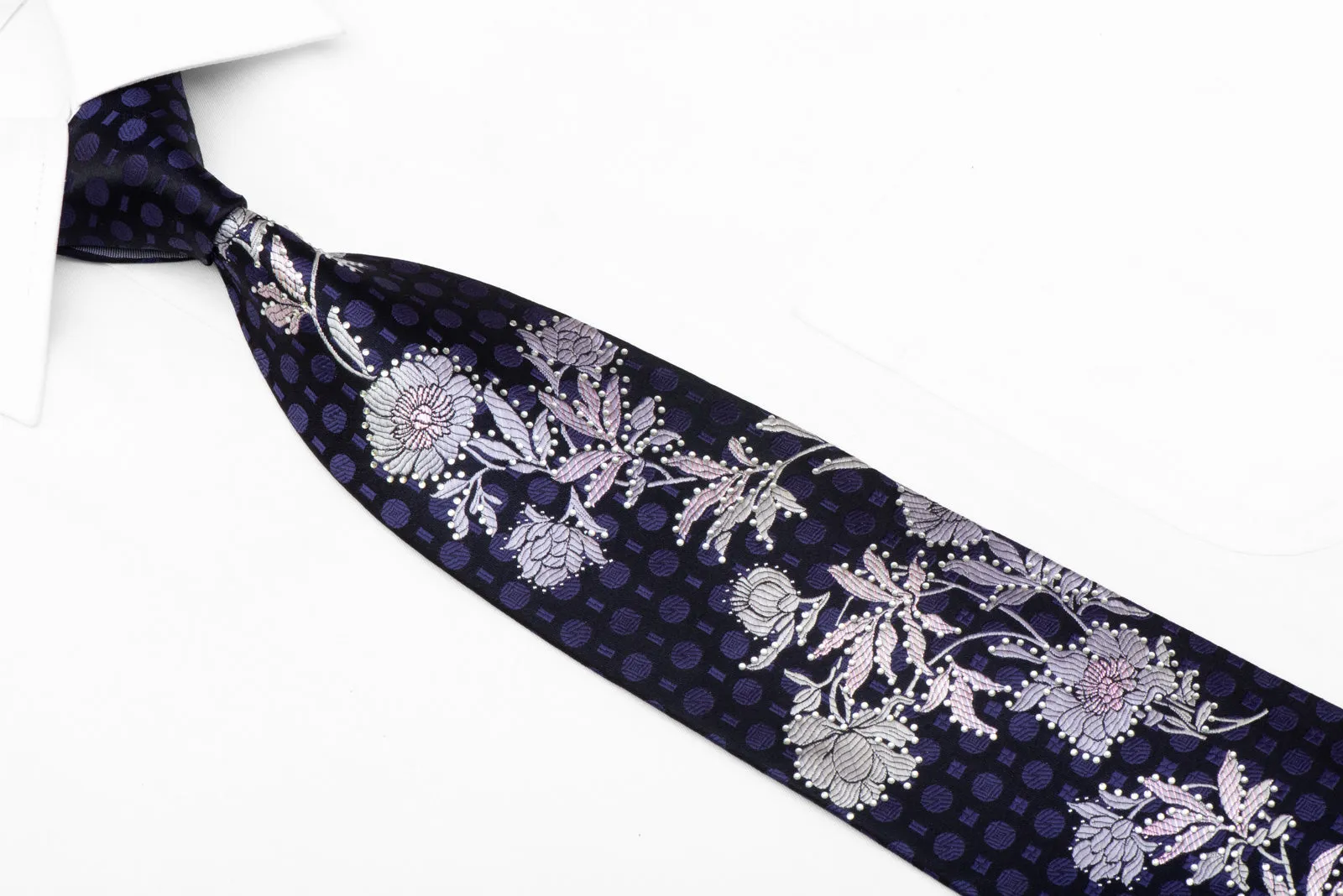 Silver Floral On Navy Blue Rhinestone Tie With Purple Sparkles