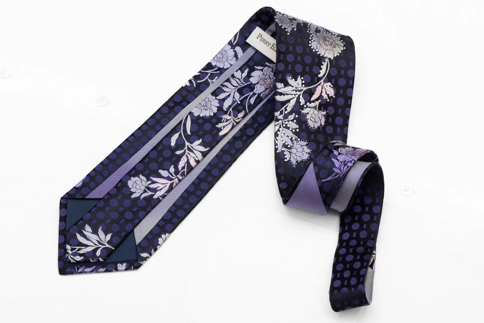 Silver Floral On Navy Blue Rhinestone Tie With Purple Sparkles