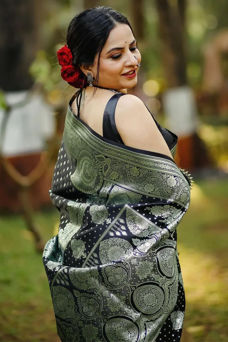 Sumptuous Black Soft Silk Saree With Unequalled Blouse Piece