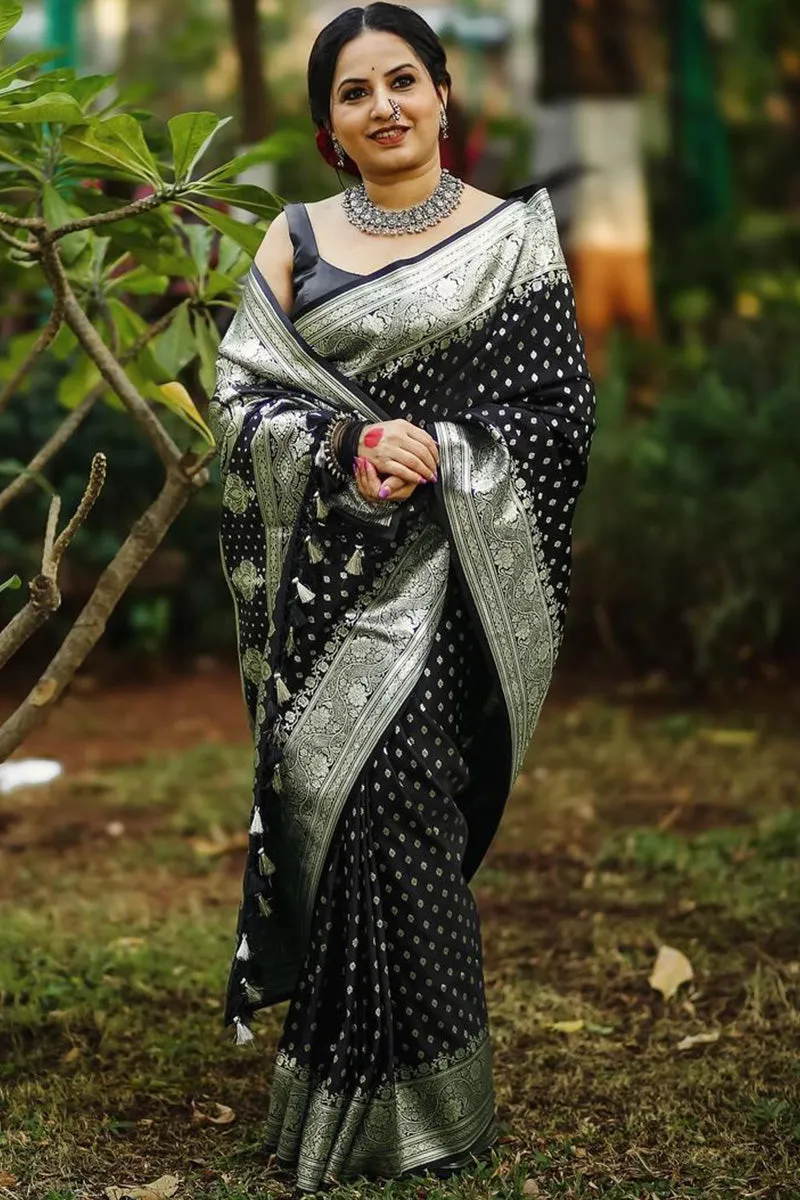 Sumptuous Black Soft Silk Saree With Unequalled Blouse Piece