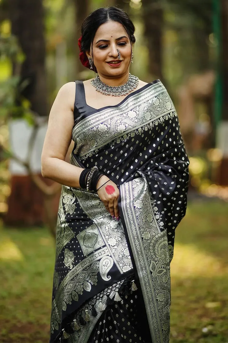 Sumptuous Black Soft Silk Saree With Unequalled Blouse Piece