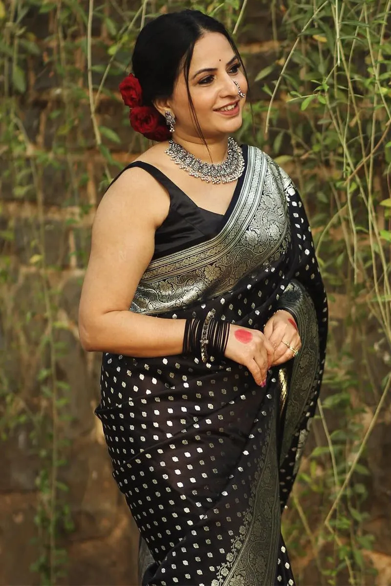 Sumptuous Black Soft Silk Saree With Unequalled Blouse Piece