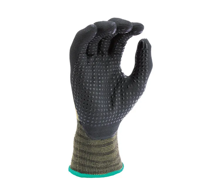 TASK GLOVES - VERSUS® - 15 Gauge Camo Green Gloves, Hi-Elasticity Nylon shell, Black Micro-Foam Nitrile 3/4 coated with Nitrile dots - Quantity 12 Pair