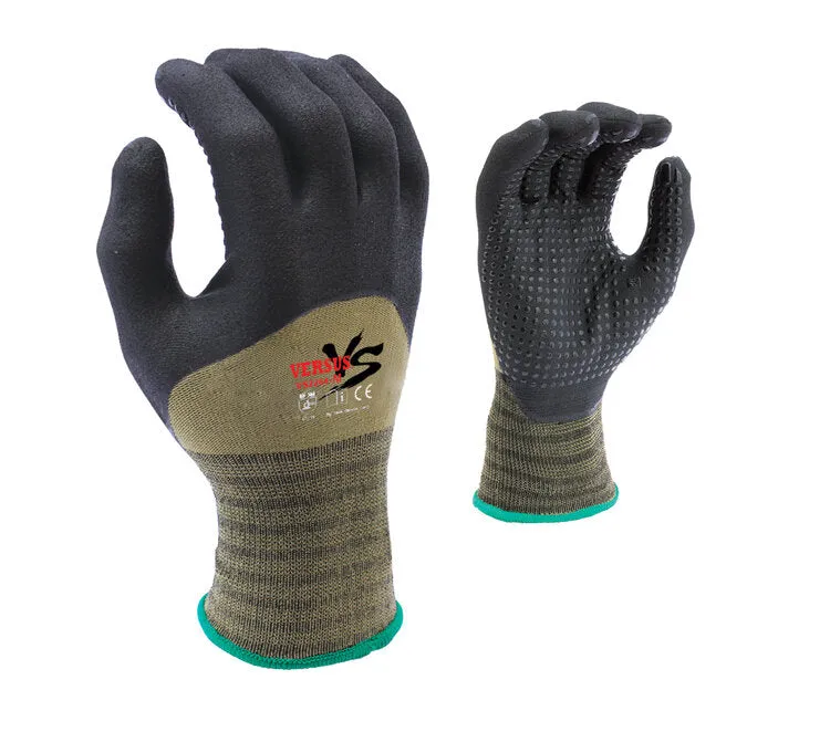 TASK GLOVES - VERSUS® - 15 Gauge Camo Green Gloves, Hi-Elasticity Nylon shell, Black Micro-Foam Nitrile 3/4 coated with Nitrile dots - Quantity 12 Pair