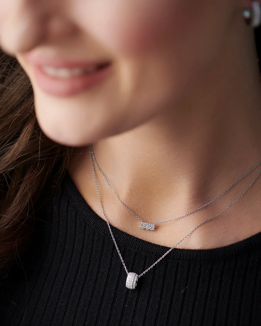 Three Stone Pave Diamond Bar Necklace