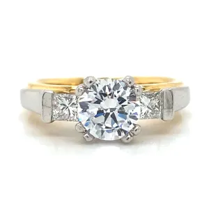 Three Stone Princess Shaped Engagement Ring in Platinum & 18K Yellow Gold