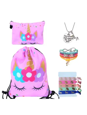 Unicorn Gifts for Girls - Unicorn Drawstring Backpack/Makeup Bag/Bracelet/Inspirational Necklace/Hair Ties (Pink Star Unicorn)