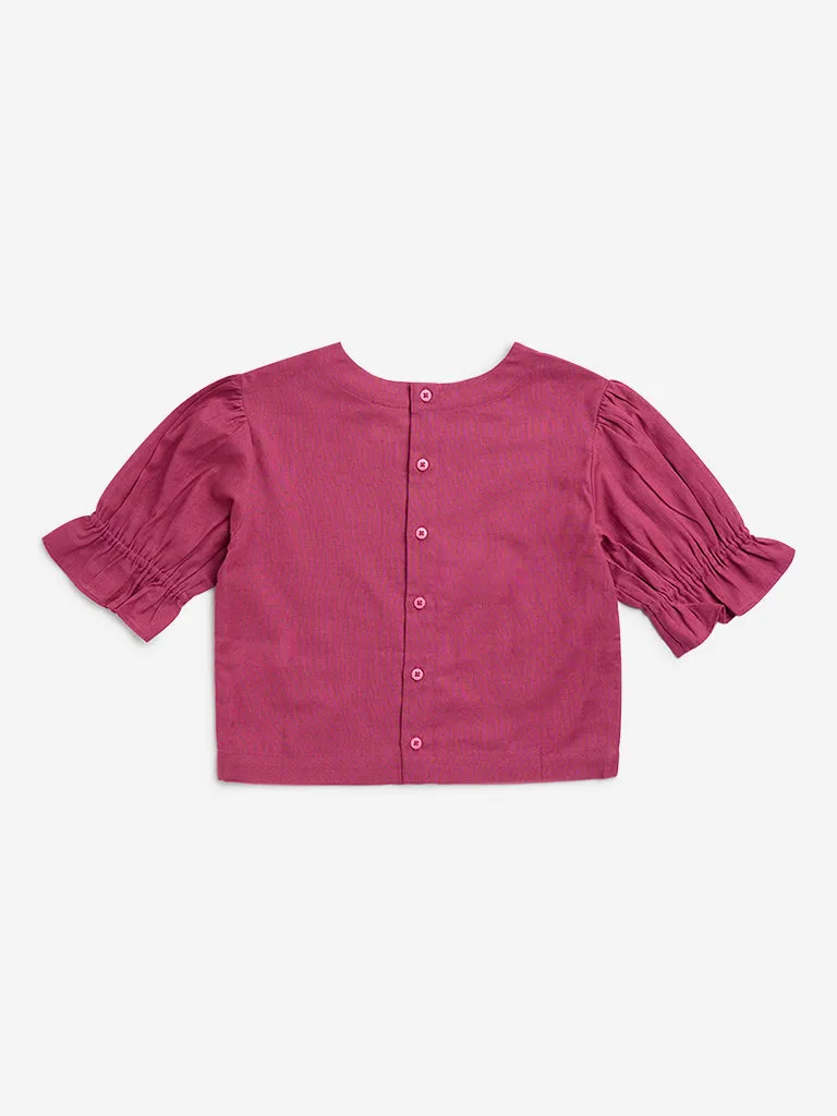 Utsa Kids Pink Floral Embroidered Cotton Blend Top - (8-14yrs)