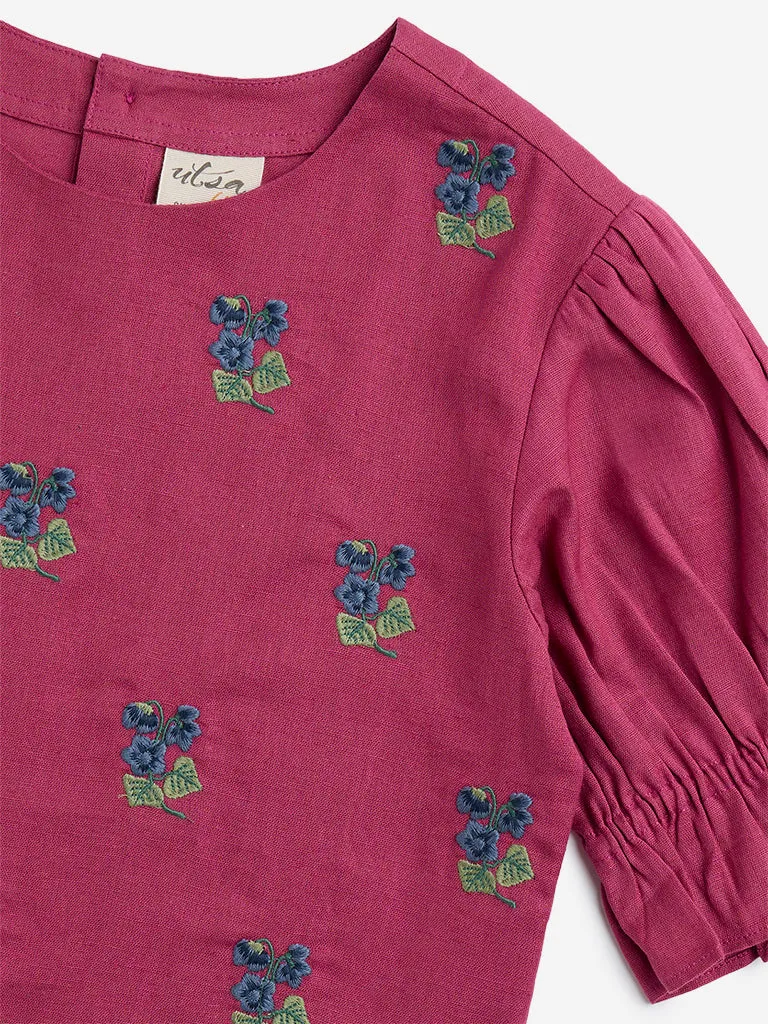 Utsa Kids Pink Floral Embroidered Cotton Blend Top - (8-14yrs)