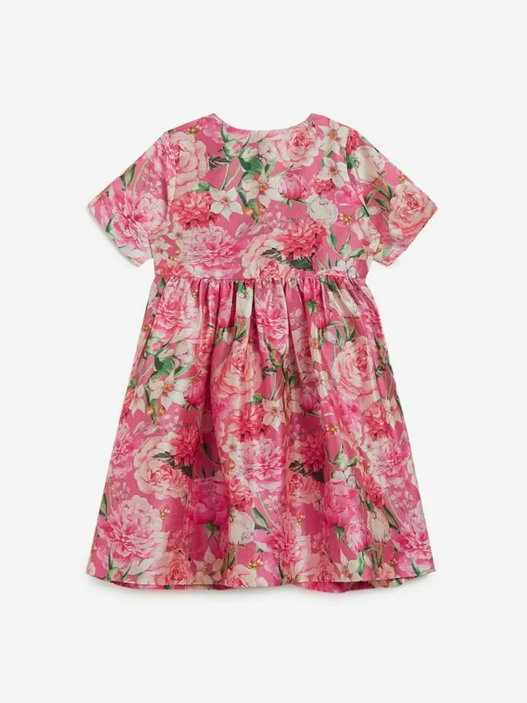 Utsa Kids Pink Floral Print Fit-And-Flare Dress