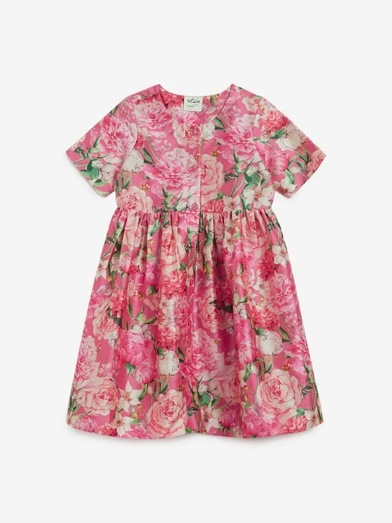 Utsa Kids Pink Floral Print Fit-And-Flare Dress
