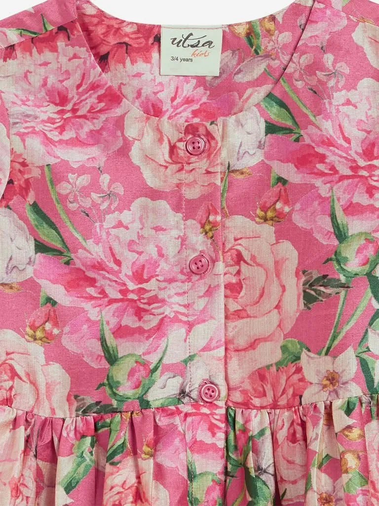Utsa Kids Pink Floral Print Fit-And-Flare Dress