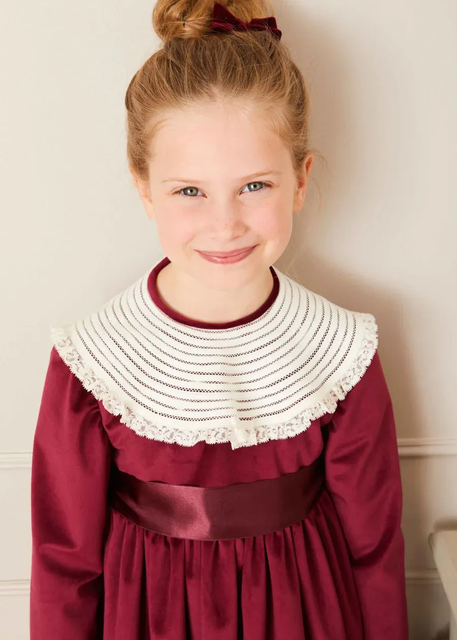 Velvet Handmade Collar Long Sleeve Dress in Burgundy (2-10yrs)