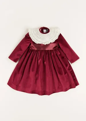 Velvet Handmade Collar Long Sleeve Dress in Burgundy (2-10yrs)