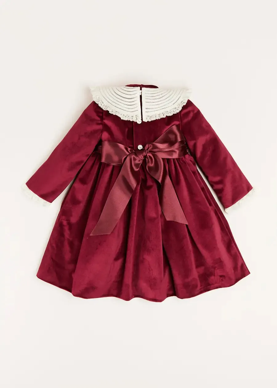 Velvet Handmade Collar Long Sleeve Dress in Burgundy (2-10yrs)