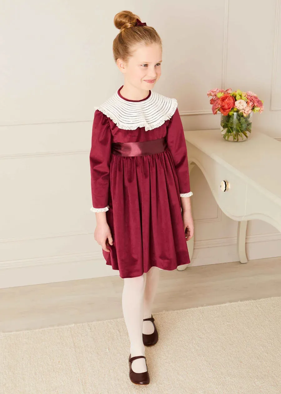 Velvet Handmade Collar Long Sleeve Dress in Burgundy (2-10yrs)