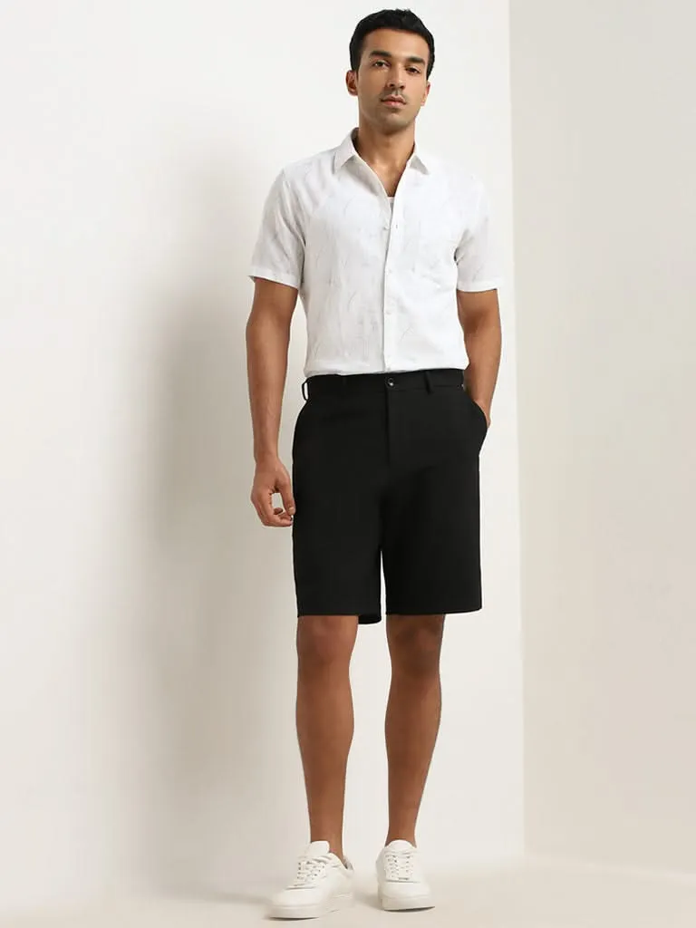 WES Casuals White Leaf Print Blended Linen Slim-Fit Shirt