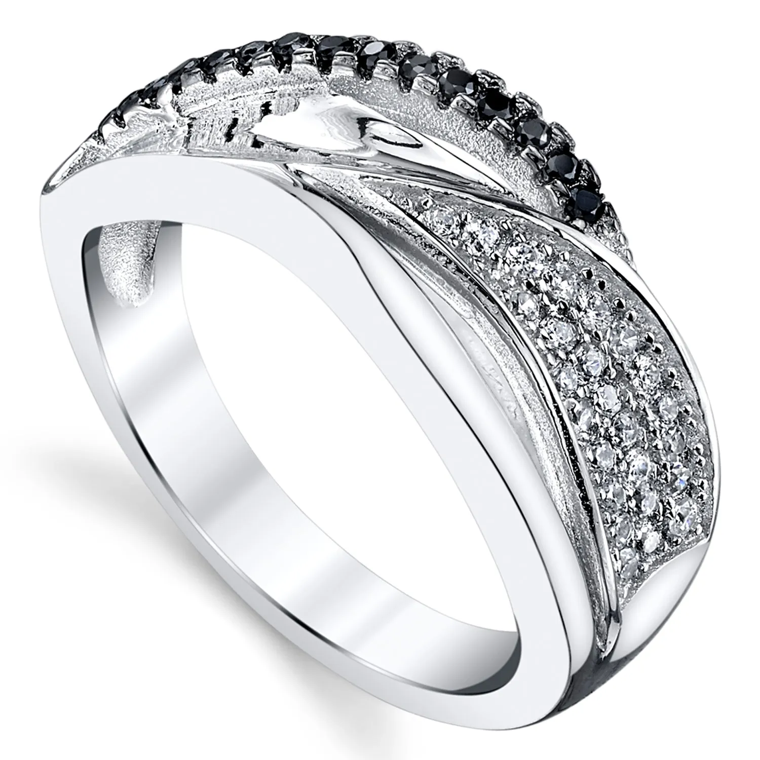 Women's Sterling Silver Black White Cubic Zirconia Right HRing Sizes 5-9